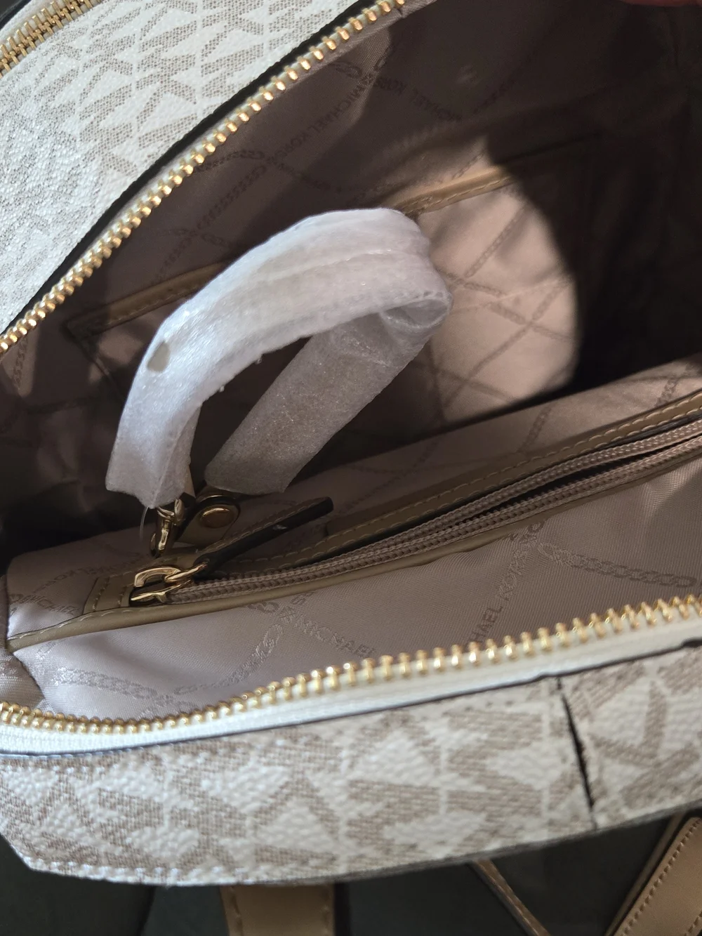 Michael Kors Rhea Zip Medium Backpack — Vanilla/Acorn MK Logo
